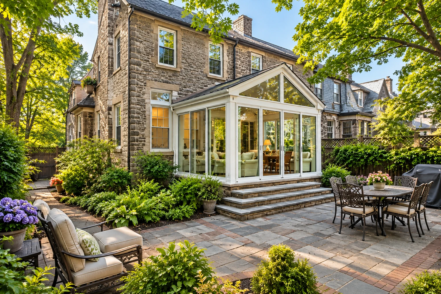 Custom sunroom with white-framed glass walls and a peaked roof, opening onto a stone patio.