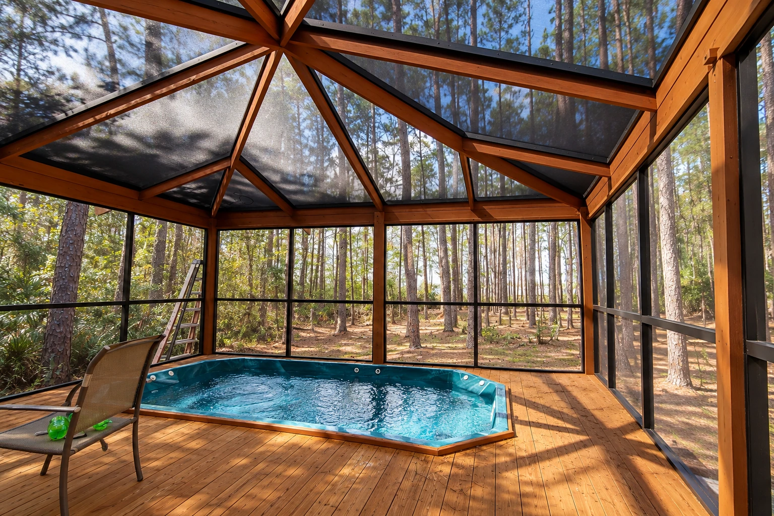 A wooden screened patio enclosure with a high mesh roof, hot tub and surrounding trees.