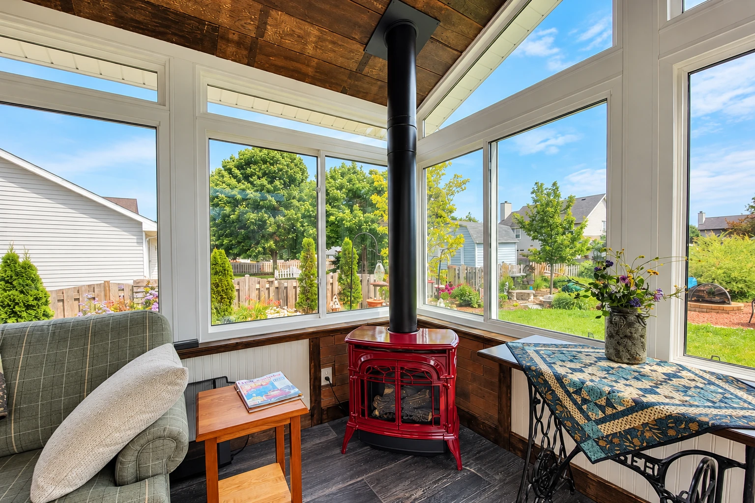 Sunroom addition with broad white-framed windows, a red wood stove, and a garden view.