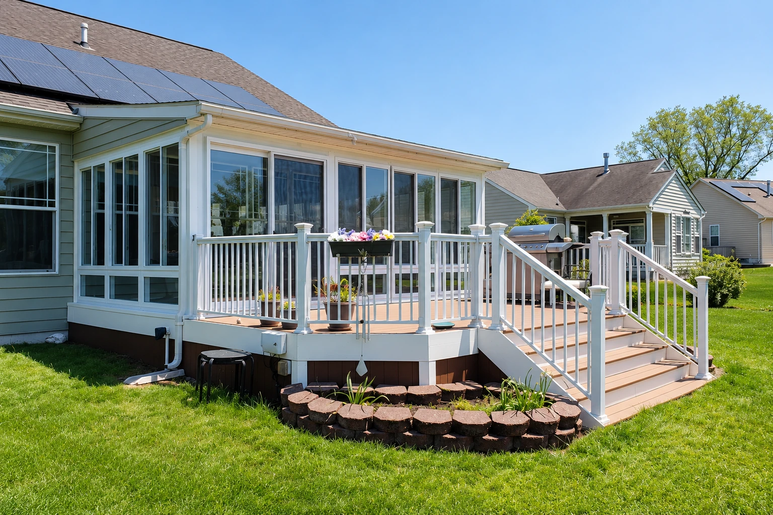 A white-railed deck beside a glass-enclosed sunroom, with solar panels on the house roof and stairs leading to the lawn.