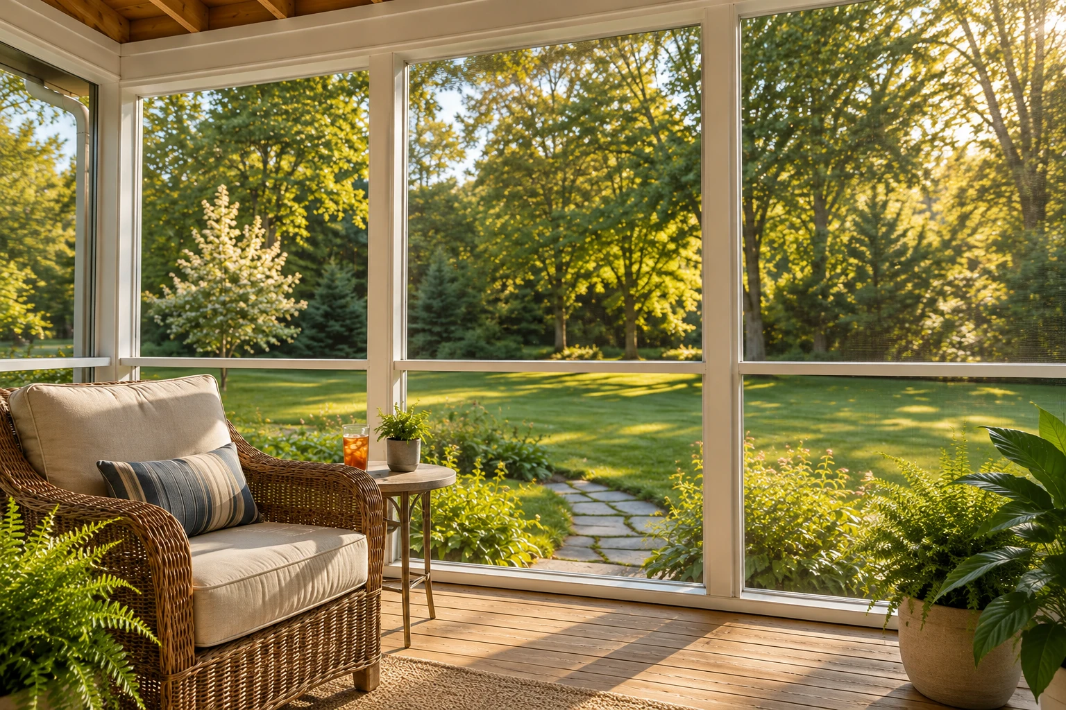 A screened sunroom with wood floors and a wicker chair overlooks a sunlit garden through large white-framed screens.