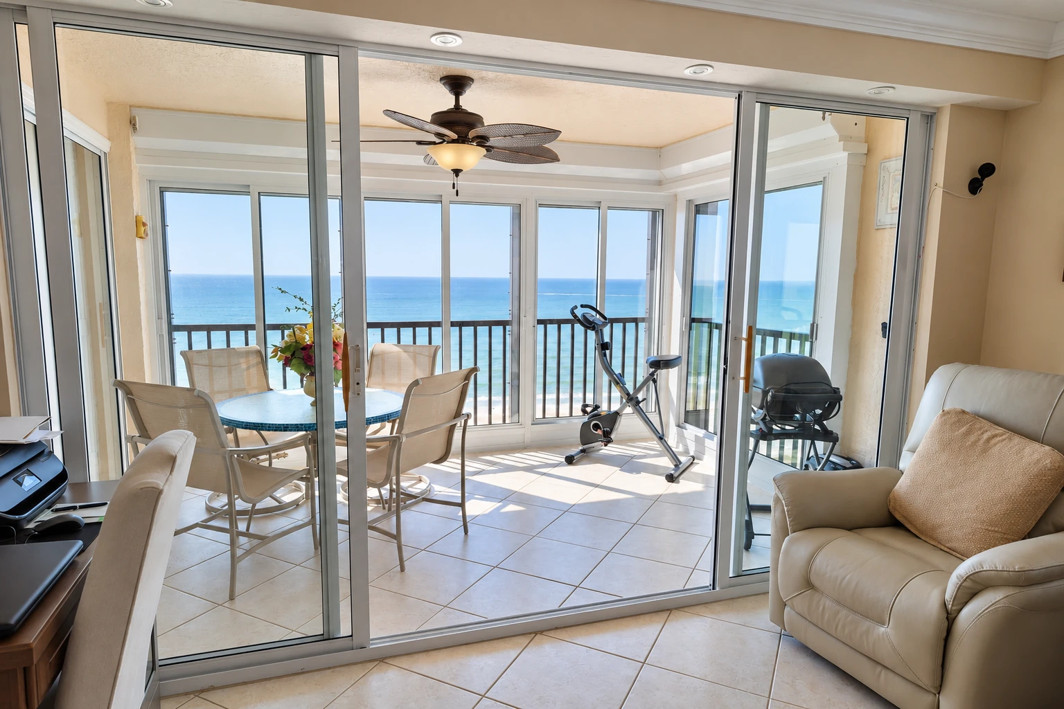 A bright sunroom with sliding glass doors, tiled floors, a dining set, exercise bike and ocean view.