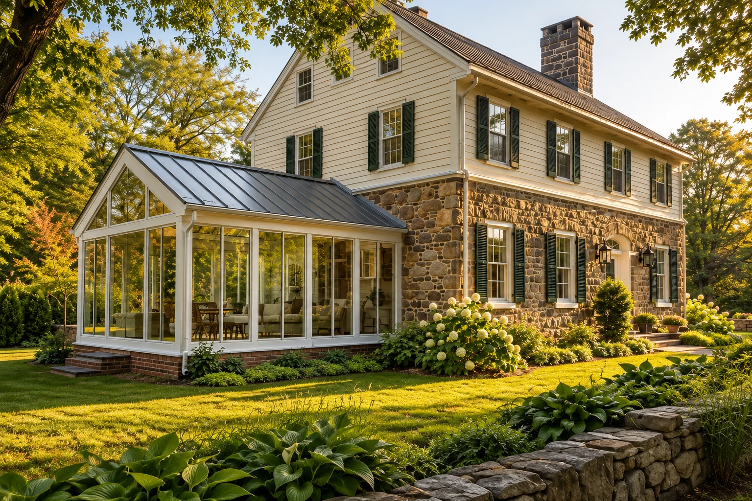 Three-season sunroom with a glass-paneled gable roof adjoining a stone-and-siding house.